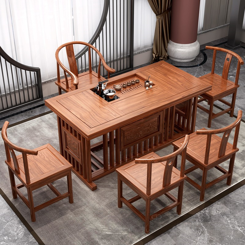 易企采 中式茶桌椅组合实木南榆木功夫茶几茶艺桌小茶台茶道桌子泡喝茶桌茶台胡桃色1.5米茶桌+1圈椅4月牙椅高清大图