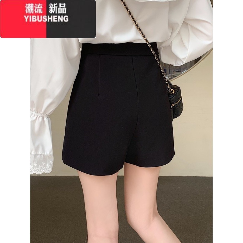YIBUSHENG西装短裤春阔腿裤女胖mm白色外穿黑色咖色小个子遮肚显瘦休闲裤高清大图