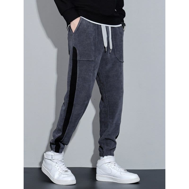 灯芯绒休闲裤男秋时尚弹力抗皱束脚卫裤男士松紧腰简约百搭运动裤图片