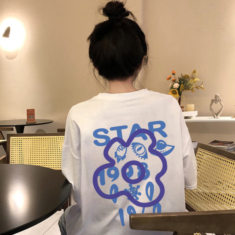 唐狮清凉夏季短袖t恤女背后花朵字母图案女装大码简约百搭潮