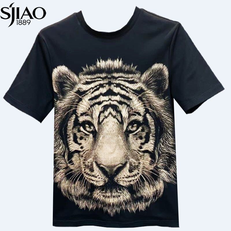 圣吉奥短袖t恤男老虎头图案印花上衣麻料衣服修身体恤衫针织衫视频