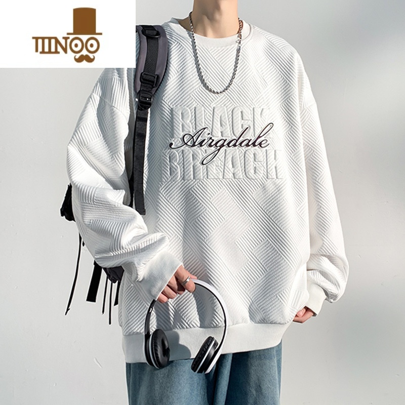 YANXU圆领卫衣男士2023新款潮牌青少年宽松休闲无帽上衣外套 白色 XL