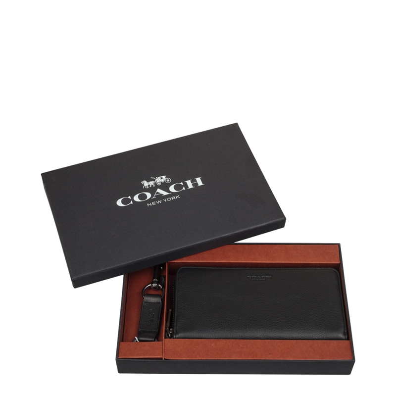 COACH蔻驰钱包 奢侈品 纯皮纯色钱包证件夹钥匙扣 礼盒装 拉链长款钱包 黑色 F58928