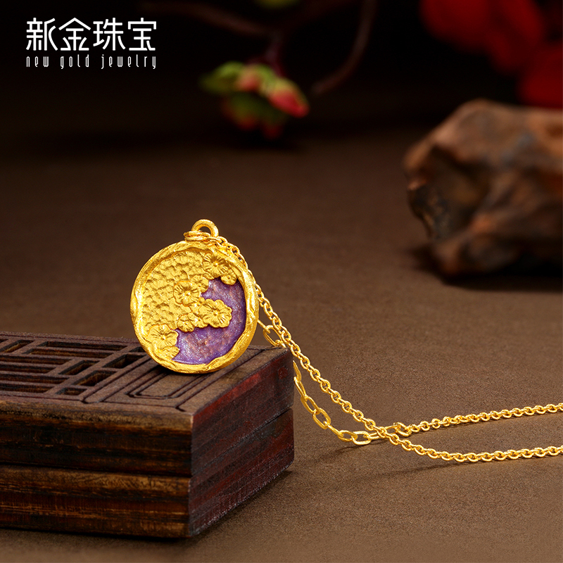 新金珠宝 黄金项链女 足金999荷叶套链荷塘月色莲华不对称AB金链1042
