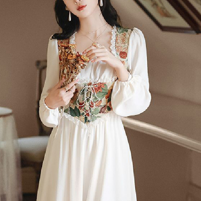 春秋假两件名媛复古拼接宫廷法式方领连衣裙油画长袖收腰中长裙子