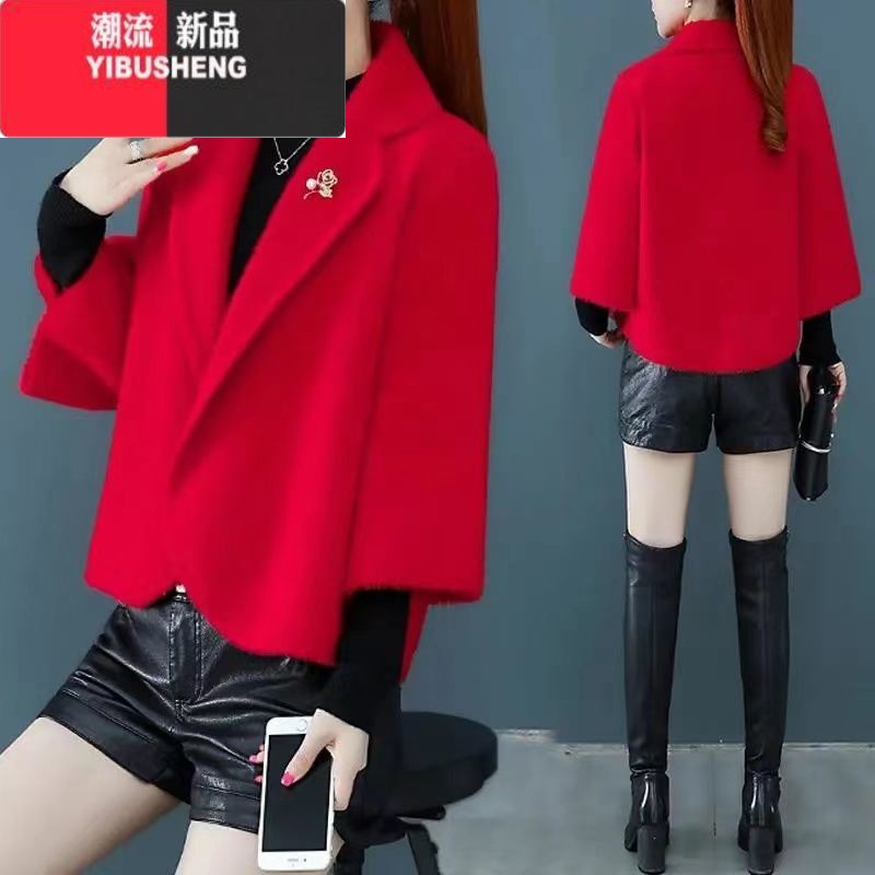 YIBUSHENG2022季新款外搭披肩休闲小西装洋气减龄开衫短款毛呢外套2 M建议80-100 红色