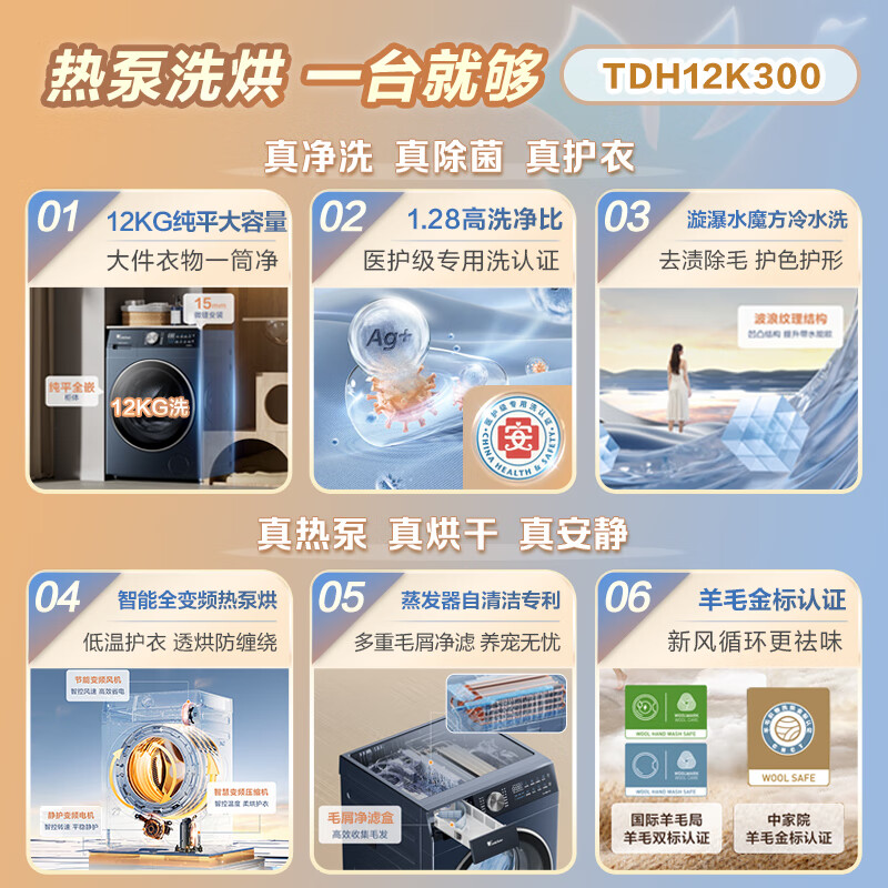小天鹅(LittleSwan)热泵洗烘一体, 滚筒洗衣机全自动, 12KG大容量 水魔方 TDH12K300高清大图
