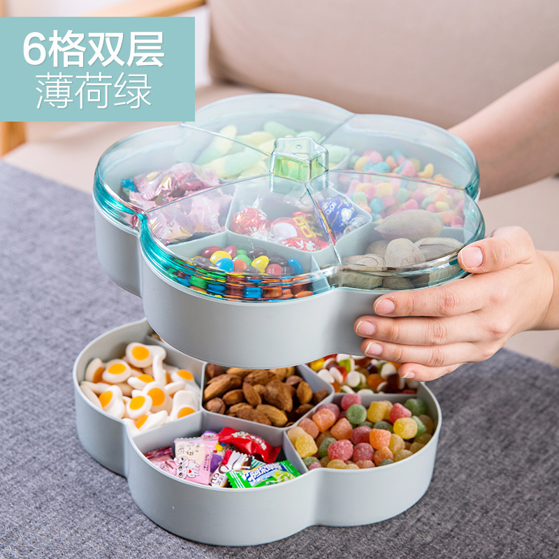 家柏饰(CORATED)双层分格糖果盒塑料干果盒家用带盖干果盘客厅瓜子盒子零食收纳盒 6格双层薄荷绿