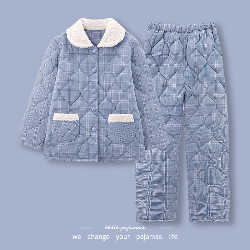 浪莎夹棉睡衣女冬季三层加厚夹棉袄大码保暖开衫可外穿家居服套装