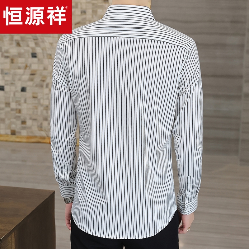 恒源祥2025新款条纹衬衫男长袖潮流休闲春秋季高端修身卡其色衬春高清大图