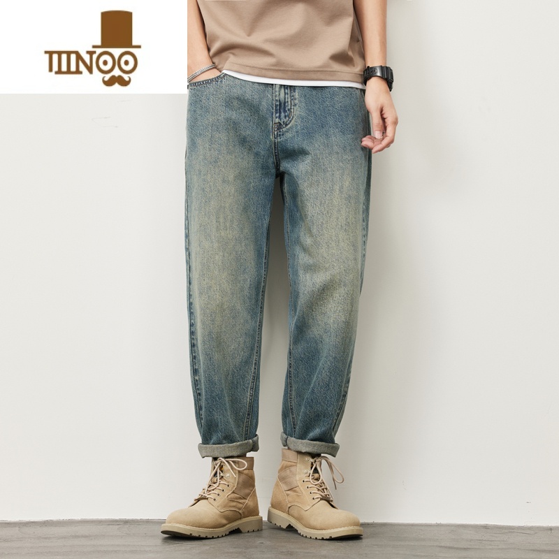 YANXU美式复古牛仔裤男士夏季薄款宽松直筒哈伦九分裤潮牌痞帅气长裤子高清大图