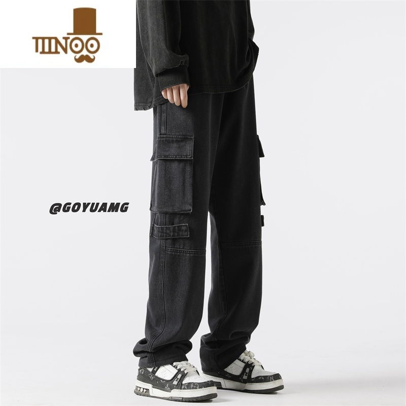 YANXU水洗复古高街工装牛仔裤男士美式潮牌vibe直筒休闲长款裤子高清大图
