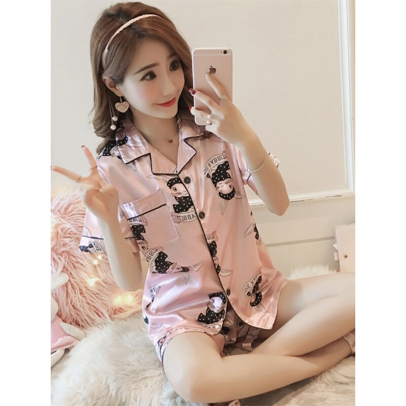 睡衣女夏季冰丝短袖加肥大码胖mm200斤夏天真丝绸家居服两件套装蓝色