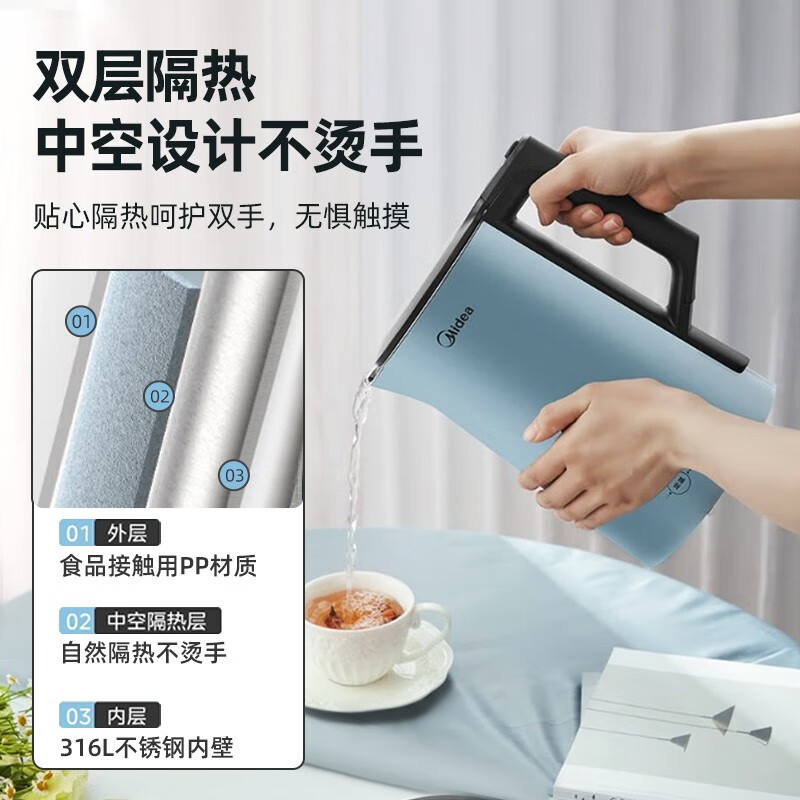 美的 SEK1502 电热水壶 1.5升无缝全钢食品级不锈钢 双层防烫自动断电烧开水壶高清大图