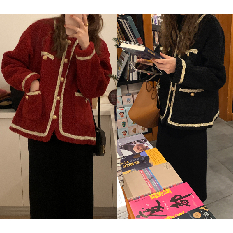 茜靓CHYLLIRN2020冬季新款宽松圣诞红皮毛一体颗粒绒羊羔毛外套女