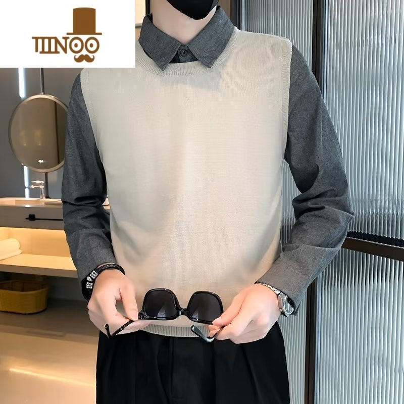 YANXU男士假衬衫领时尚内搭毛衣韩版潮流修身拼接打底针织衫高清大图