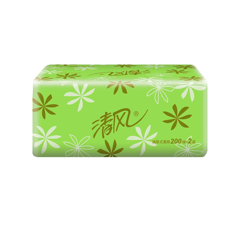 清风抽纸淡绿花二层200抽*3包小规格(短幅)抽取式卫生纸巾餐巾纸擦手