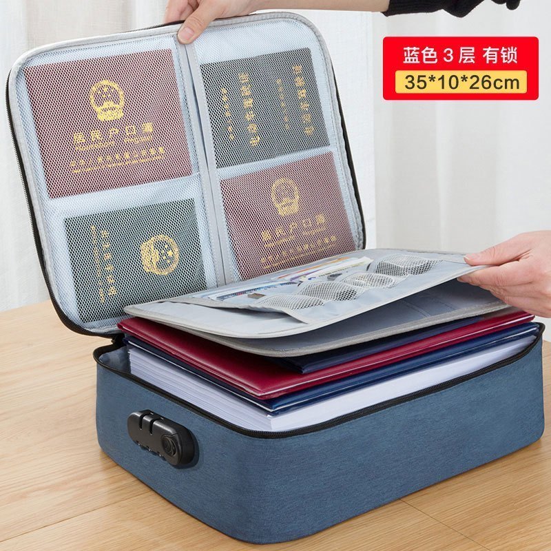 便携多层包旅游多功能护照包旅行护照保护套收纳包卡包_6 蓝色带锁3层