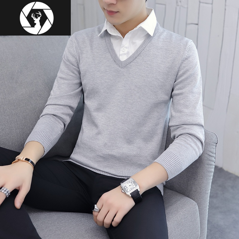 hongzun秋冬季男士假两件衬衫v领针织毛衣 青年修身加绒加厚上衣打底