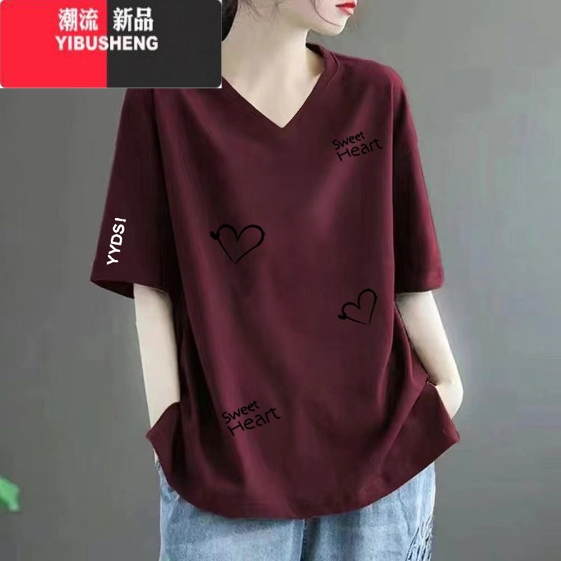 YIBUSHENG2024新款短袖V领t恤女季大码宽松胖mm显瘦外穿遮肉时尚上衣高清大图