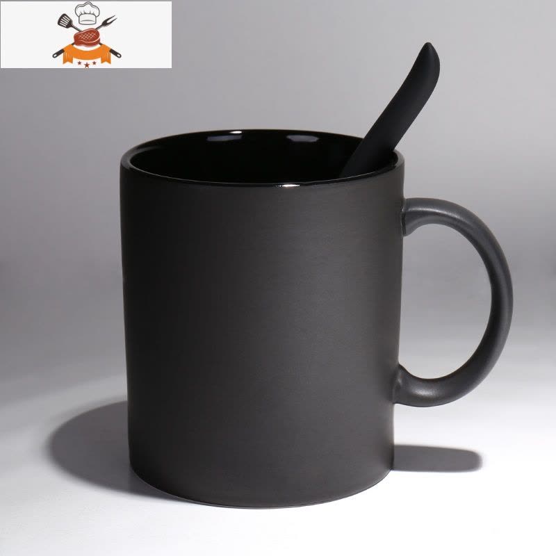 欧式陶瓷黑色哑光大容量马克杯子创意简约磨砂咖啡杯带勺水杯 敬平图片