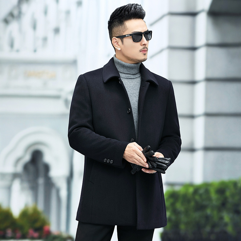 花花公子夹棉加厚男士外套中长款100羊毛呢子大衣男商务休闲大码中年