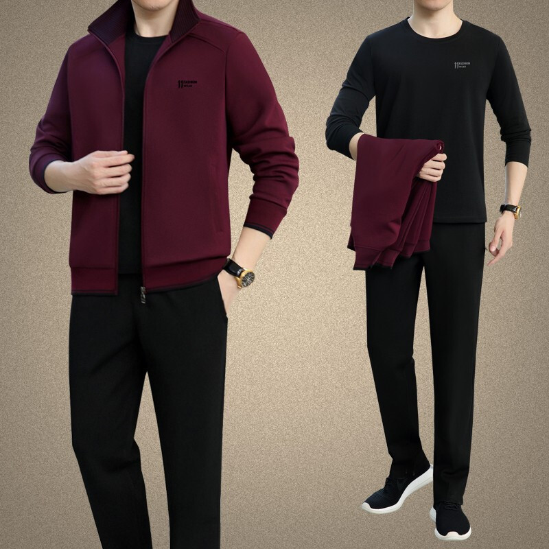 运动套装男秋装休闲装宽松简约中老年男士卫衣外套开衫拉链爸爸装三