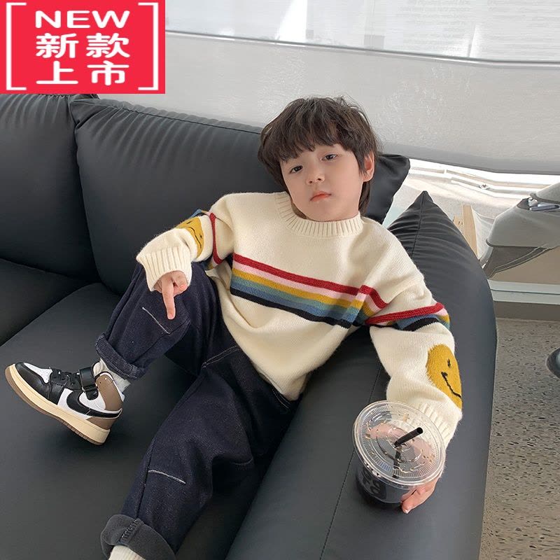 可莉允男童加厚绵彩虹条笑脸毛衣儿童冬装宝宝针织打底套头衫图片