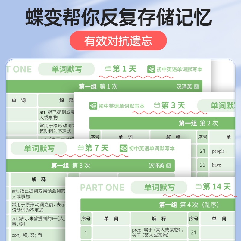 [全面提升]单词+默写+作文+语法讲练 初中通用 [正版]蝶变初中英语默写本艾宾浩斯记忆曲线必背1600课标词中考课标大高清大图