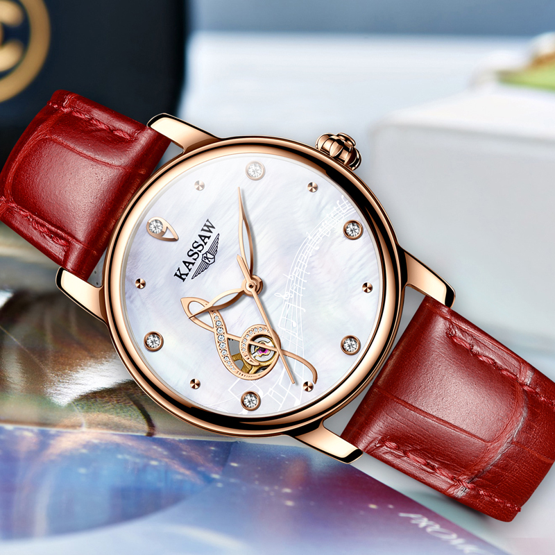 卡梭(KASSAW)手表女表自动机械表商务LOVE系列音符女士表时尚潮流镶钻皮带防水夜光K815L高清大图