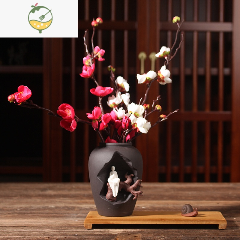 YICHENG北欧简约中式禅意花器陶瓷干花插花客厅桌面装饰小花瓶工艺品摆件 水培花器1(木架+仿真花 +蜗牛) 中等