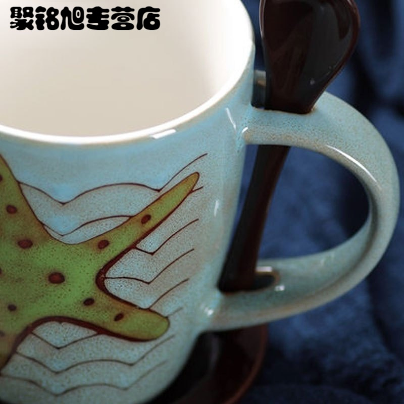350ML时尚创意生活日用水具水杯 个性海星陶瓷水杯咖啡杯创意鱼纹马克杯子牛奶杯带盖家居器皿生活日用家庭陶瓷杯子