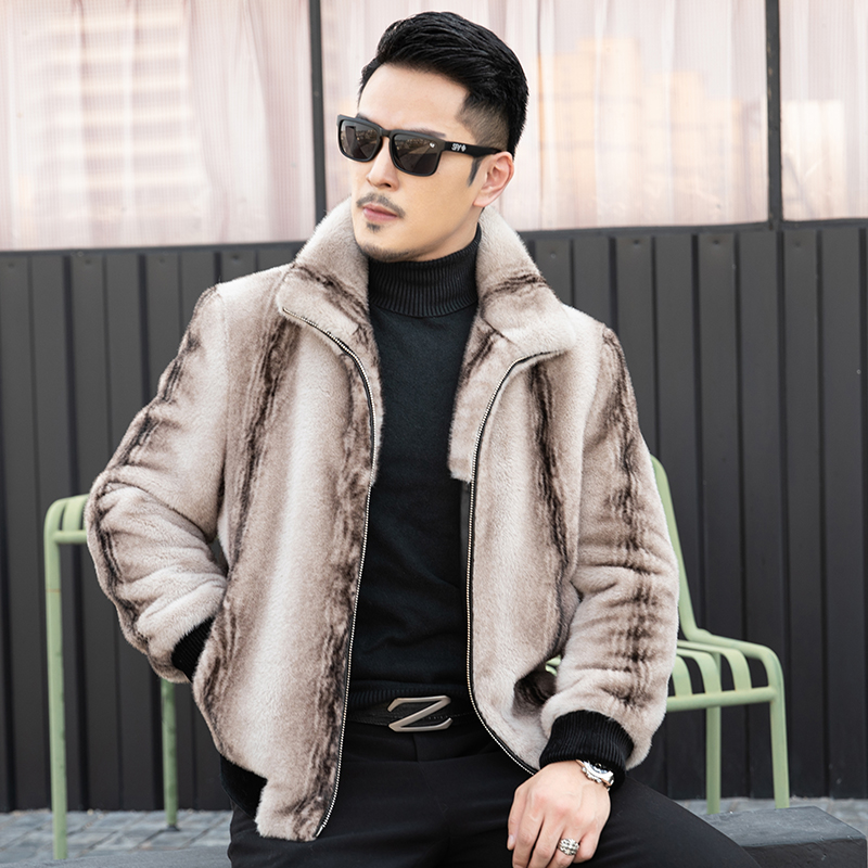 免费试穿 高端金貂绒毛呢夹克春秋装新款男时尚翻领加厚保暖皮草外套潮真皮皮毛一体金貂绒男士水貂翻领大衣加厚休闲夹克外套潮高清大图