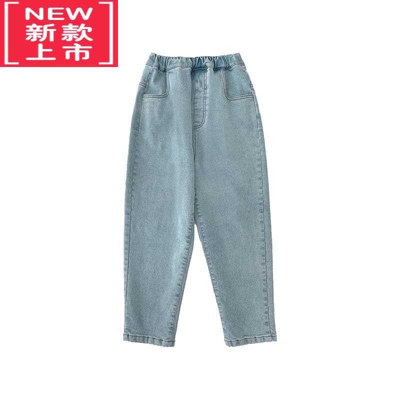 可莉允22儿童火山岩绒牛仔裤男女童复古蓝锥形裤松紧保暖长裤保暖裤图片