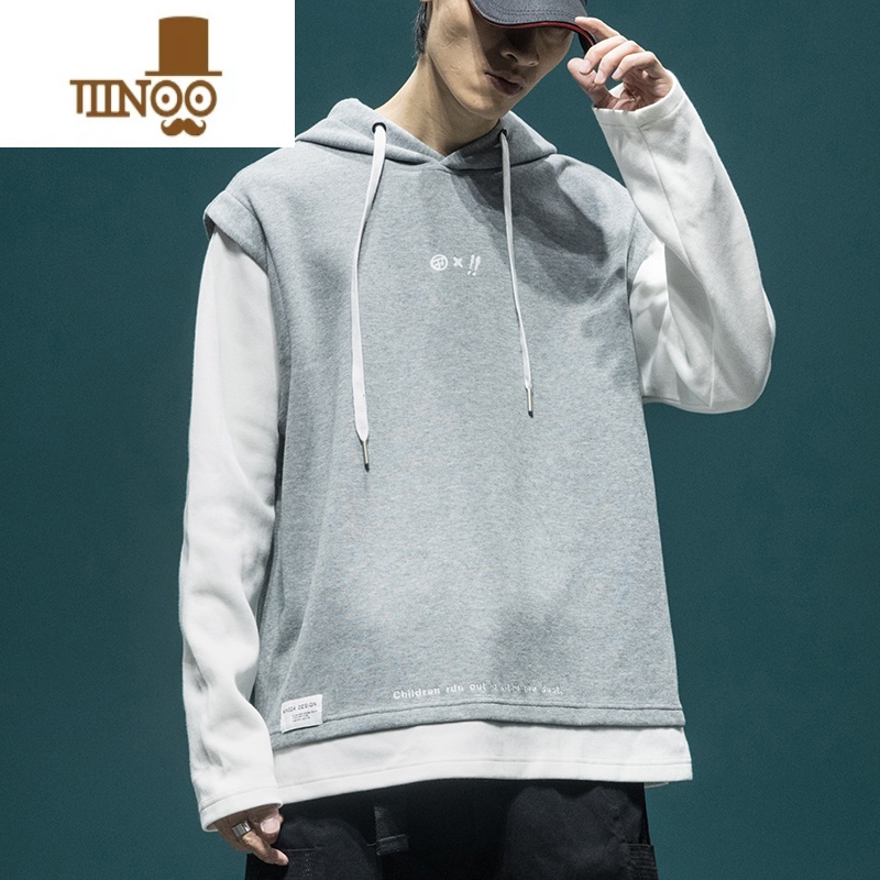 YANXU假连帽卫衣男秋季潮牌宽松大码外套复古休闲百搭长袖男装高清大图