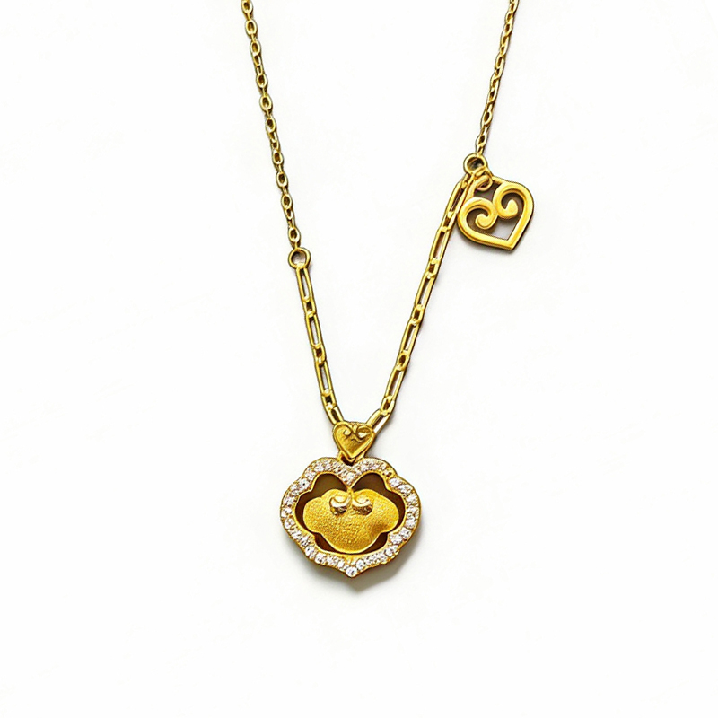 北京黄金 S925 银镶石拉丝福锁套链 国风如意锁 送女友礼物高清大图