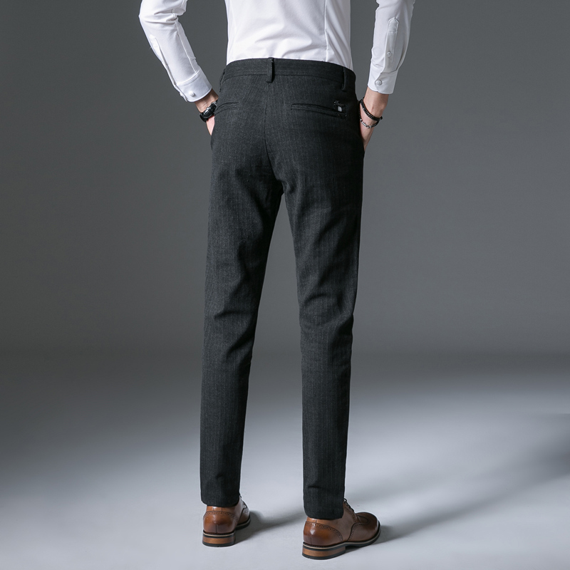 yuansu秋冬厚款条纹磨毛男士商务休闲裤韩版修身毛呢裤子男英伦小脚裤