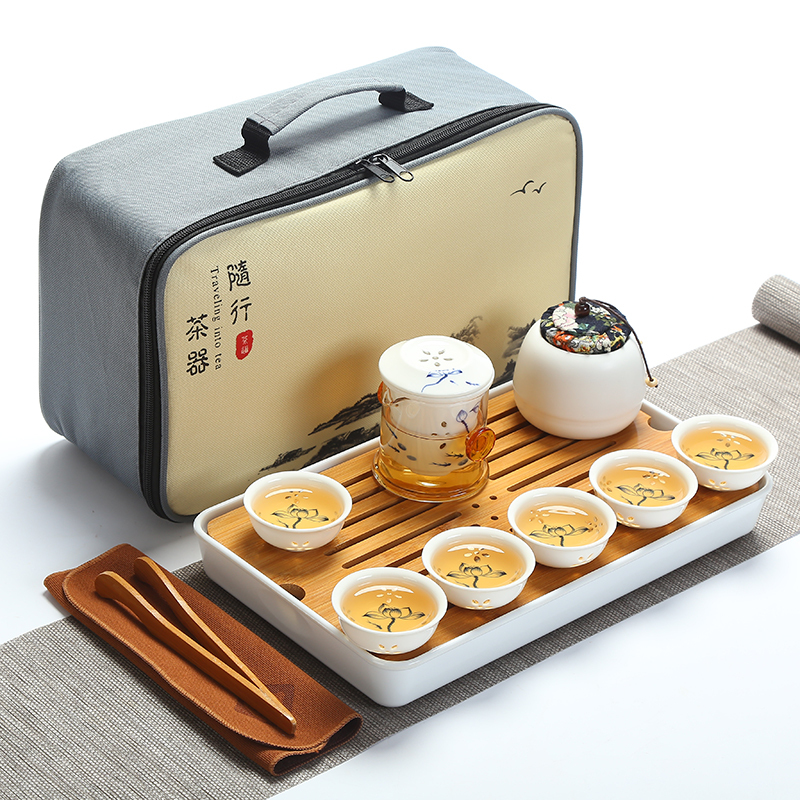 陶瓷旅行茶具套装简约家用功夫泡茶壶茶杯便携式旅游包车载竹茶盘|新12件套荷韵玲珑瓷（红茶款）