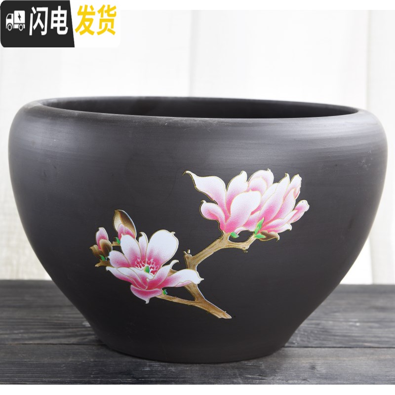 三维工匠水培荷花睡莲铜钱紫砂碗莲盆缸小金鱼无孔大号陶瓷花盆 紫砂荷花缸-山水 中等花盆容器高清大图