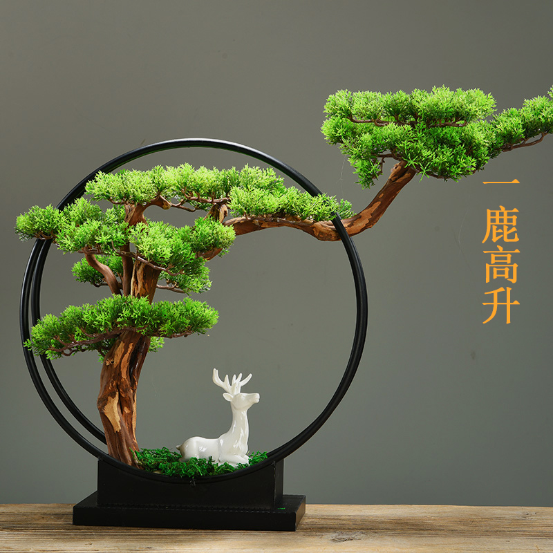 仿真迎客松创意新中式禅意陶瓷工艺品客厅玄关电视柜摆件家居饰品收纳袋 三维工匠 一鹿高升-夏