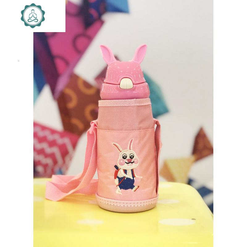 儿童双层带杯套兔子吸管卡通不锈钢水壶小学生 保温杯