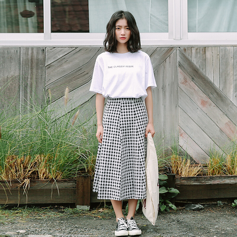 黑白格子半身裙女夏2018新款韩版高腰生中长款超火裙子黑白格子