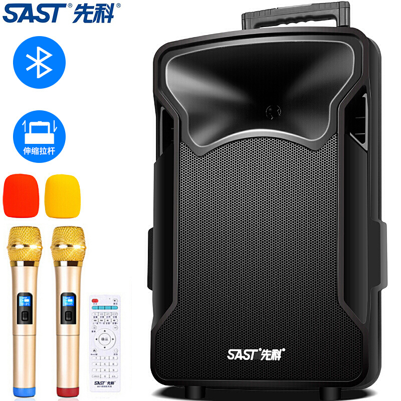 先科(SAST) 15英寸移动便携式广场舞音响 户外大功率蓝牙拉杆音箱 重低音炮带无线麦克风扩音器有源音箱