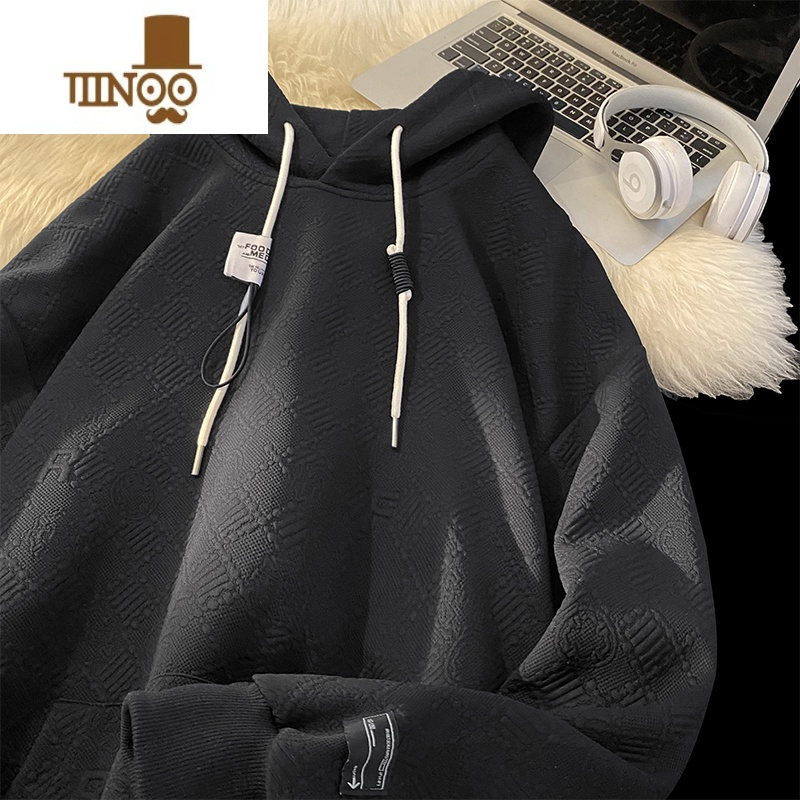 yanxu连帽提花面料男士休闲卫衣美式设计感潮流时尚个性帽绳帽衫