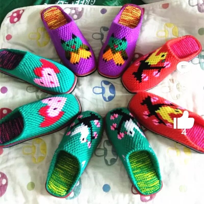 钩好的毛线拖鞋成人成品男女家居拖鞋防滑毛线秋冬拖鞋结婚喜庆鞋女款