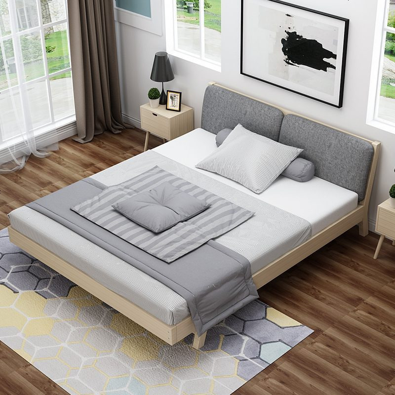 顾致>北欧实木床1.8米双人床现代简约主卧经济型床带软靠软包1.