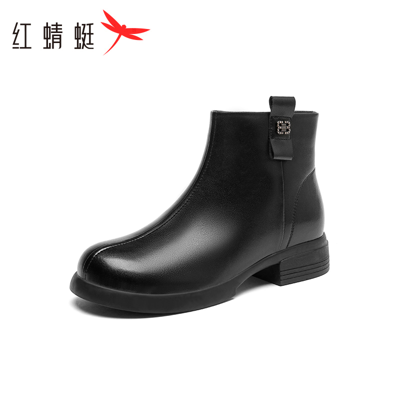红蜻蜓女鞋2024新款秋冬真皮加绒保暖短靴英伦复古厚底切尔西靴