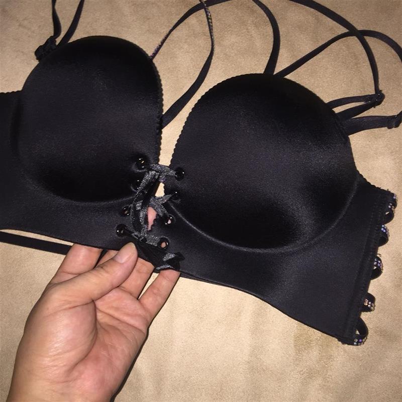 带亮钻欧钻美背多带内衣水钻性感聚拢文胸黑色公主舒适厚小胸罩女