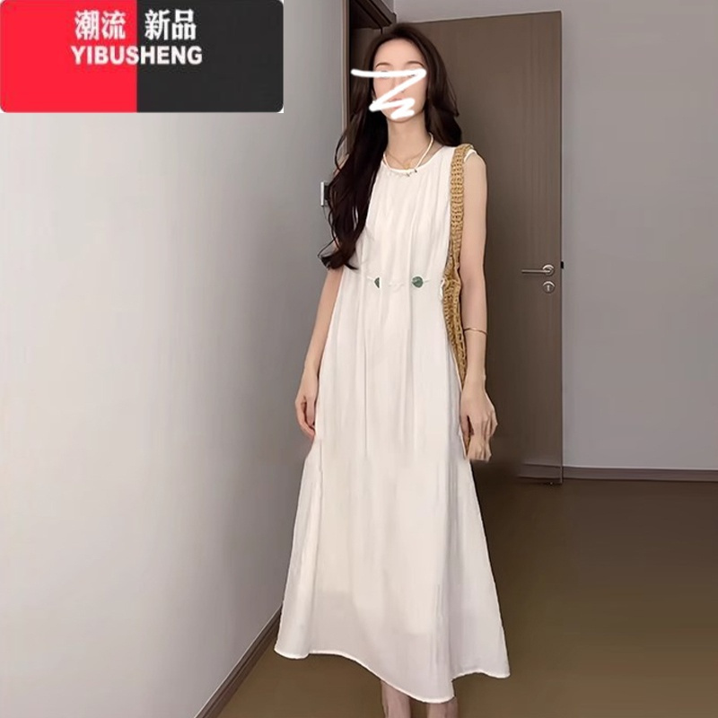 YIBUSHENG小个子无袖背心黄色连衣裙子女2024新款季法式气质遮肉显瘦长裙