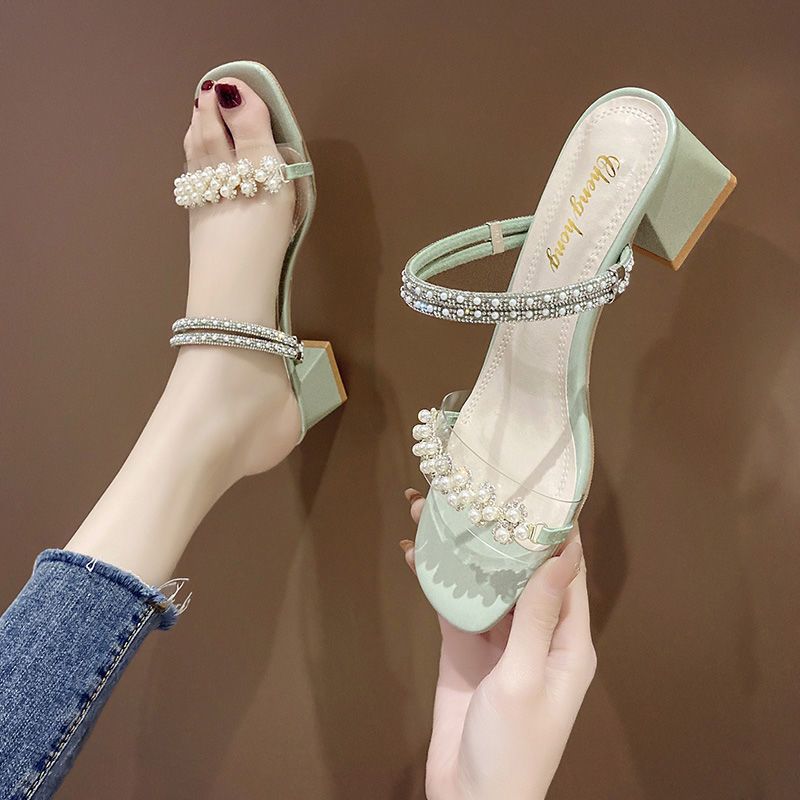 凉拖鞋女2021新款夏季凉鞋仙女风一字扣带粗跟中跟晚晚鞋瓷里茶